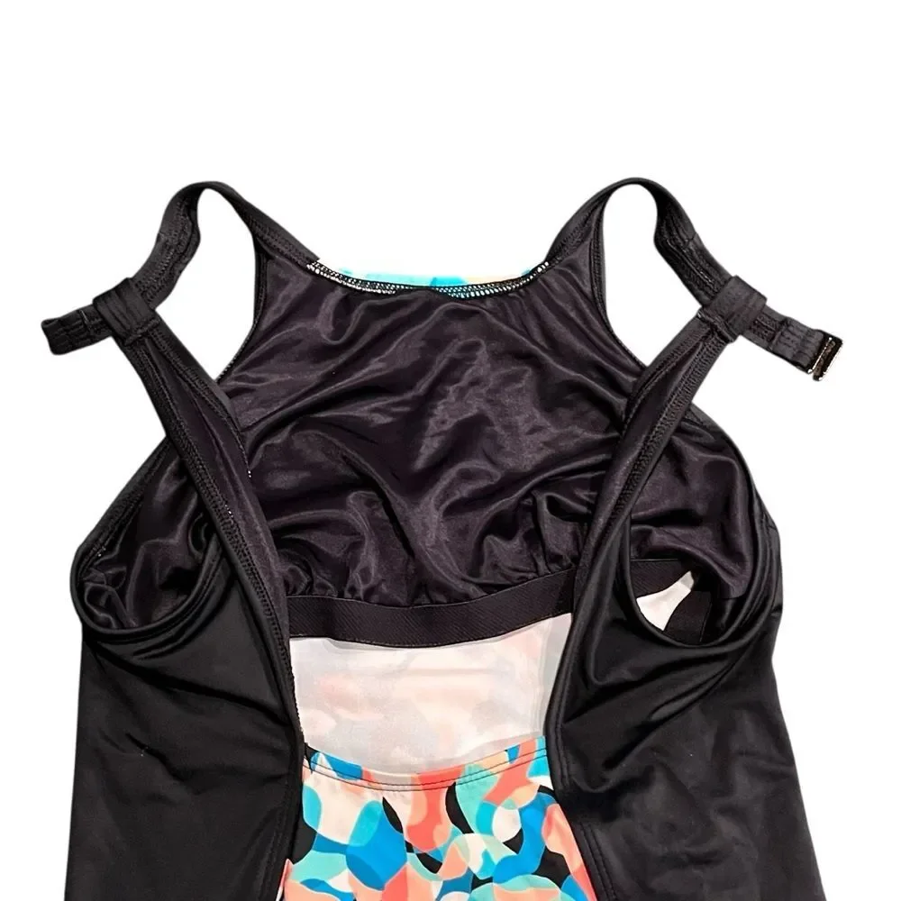 Lands End One Piece Swimsuit Colorful Patterned Bathing Suit Black Blue size 6L